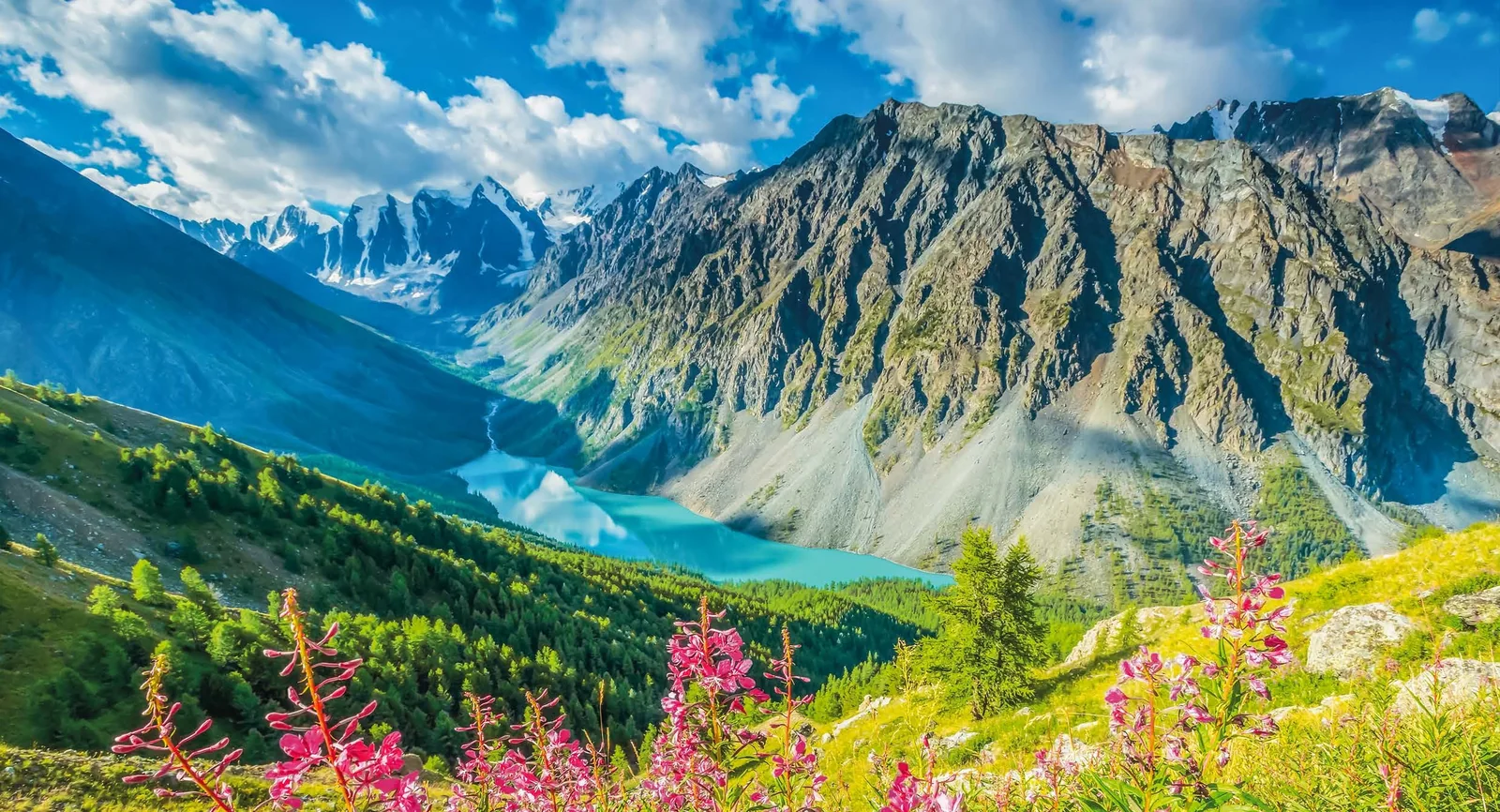 Горное озеро и вершины Алтая