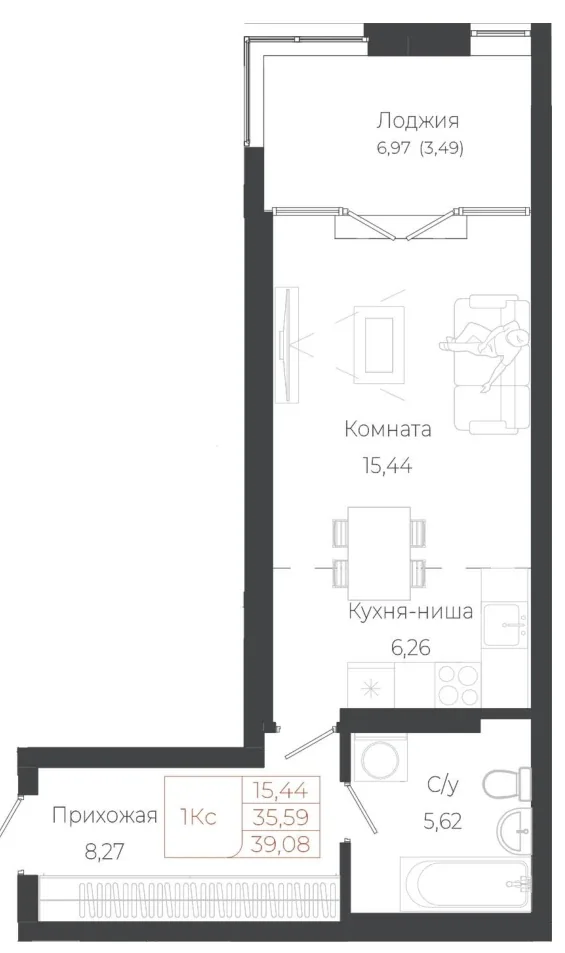 Схема однокомнатной квартиры: кухня-ниша, комната, санузел и лоджия